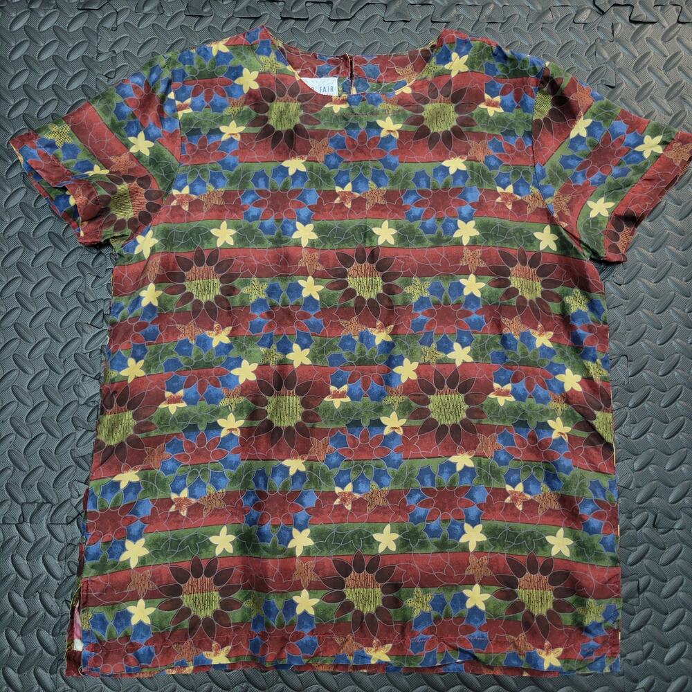 Vintage Bedford Fair 100% Silk Floral Blouse Medium Colorful Art Print Old Money